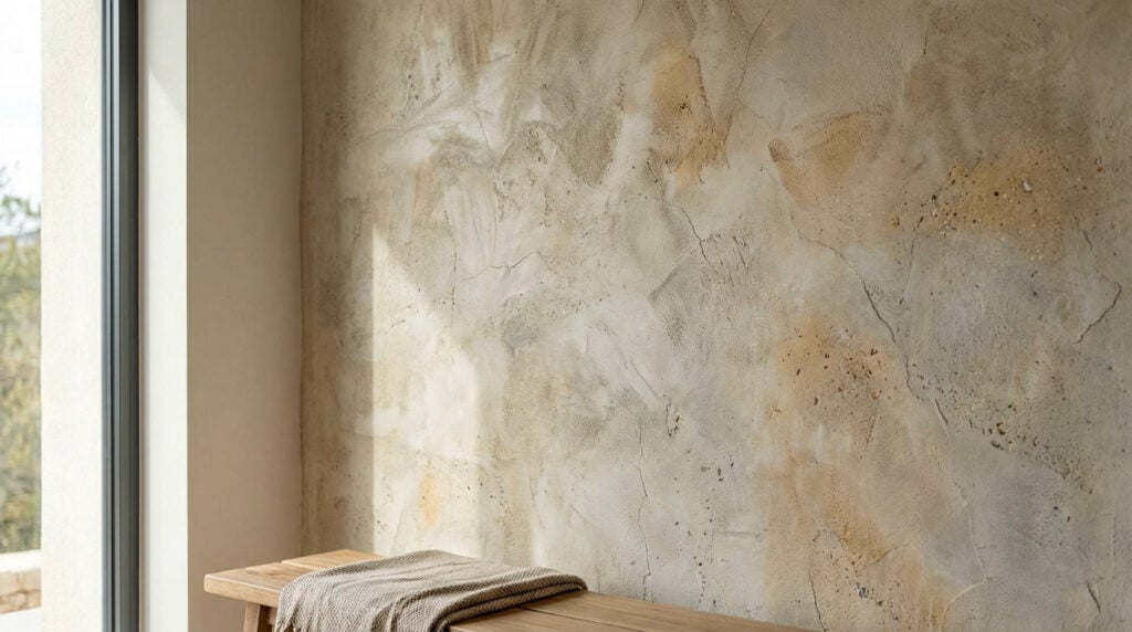 Mur recouvert d'un enduit minéral Calce Cruda, texture brute et terreuse dans des tons beige, gris et ocre. Lumière douce. Banc en bois avec une couverture.
