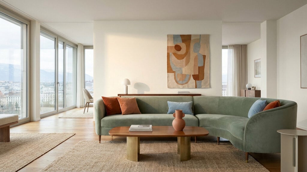 Salon chic à Genève avec un canapé en velours vert sourd, des coussins terre cuite et bleu doux, des murs blanc cassé et une œuvre d'art abstraite, baigné de lumière naturelle.