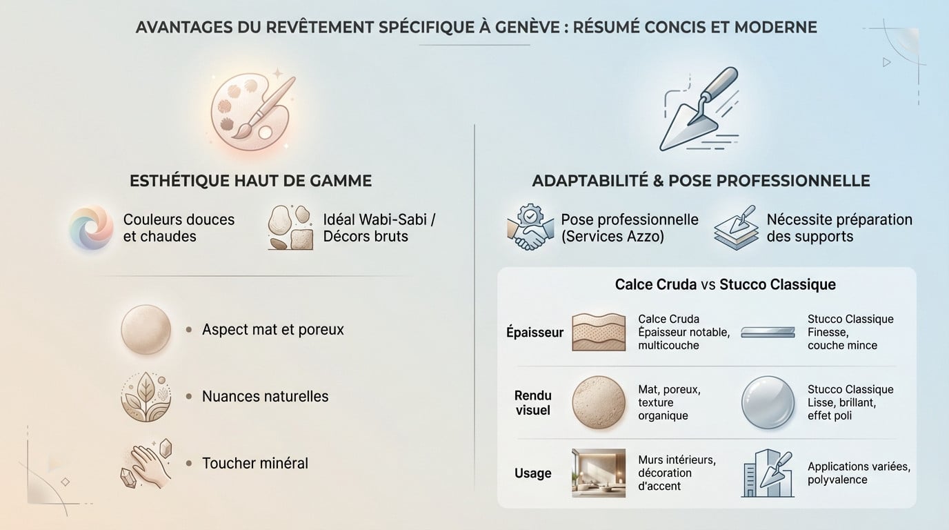 Application d'un enduit minéral texturé type Calce Cruda dans un intérieur contemporain à Genève