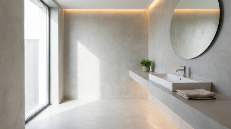 Salle de bain moderne et minimaliste avec des murs et un sol en béton ciré gris clair sans joints, un lavabo blanc épuré, un miroir rond et de la lumière naturelle.