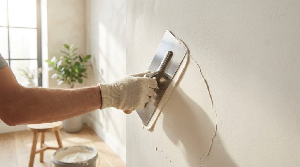 Des mains gantées appliquent un enduit naturel à la chaux, de couleur blanc cassé, sur un mur clair à l'aide d'une taloche, dans une pièce moderne baignée de lumière avec une plante et un parquet en bois.